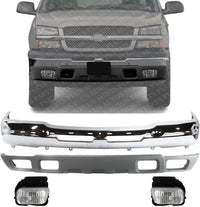 Front Bumper Chrome Steel + Lower Valance Air Deflector + Fog Lamps Left & Right Side Direct Replacement Compatible With 2003-2006 Chevrolet Avalanche / 2003-2004 Silverado 1500 2500