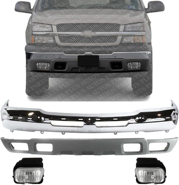 Front Bumper Chrome Steel + Lower Valance Air Deflector + Fog Lamps Left & Right Side Direct Replacement Compatible With 2003-2006 Chevrolet Avalanche / 2003-2004 Silverado 1500 2500