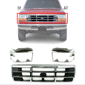 AUTOS PARTS PLUS Front Grille Chrome Shell/Plastic Insert + Head Light Doors Left Driver & Right Passenger Side Direct Replacement Compatible With 1992-1997 Ford F-Series FO2512130 FO1200173