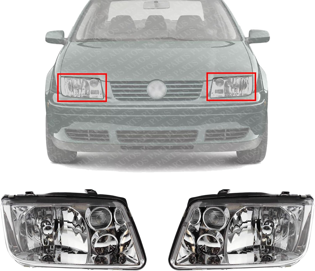 Set Of 2 Front Head Light Lens And Housing Without Fog Lights Right & Left Side Direct Replacement Compatible With 1999-2002 Volkswagen Jetta 1J5941017AJ-PFM 1J5941018AJ-PF