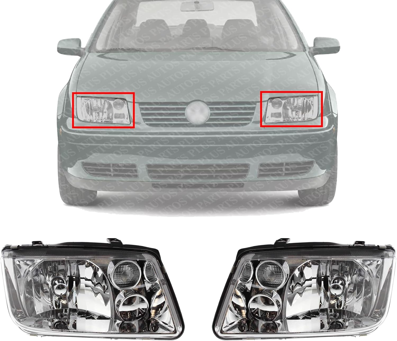 Set Of 2 Front Head Light Lens And Housing Without Fog Lights Right & Left Side Direct Replacement Compatible With 1999-2002 Volkswagen Jetta 1J5941017AJ-PFM 1J5941018AJ-PF