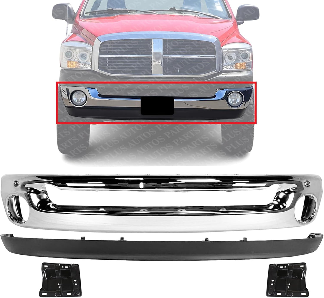Front Bumper Chrome Steel + Lower Valance Air Deflector Textured + Brackets Left & Right Side Direct Replacement Compatible With 2002-2005 Dodge Ram 1500