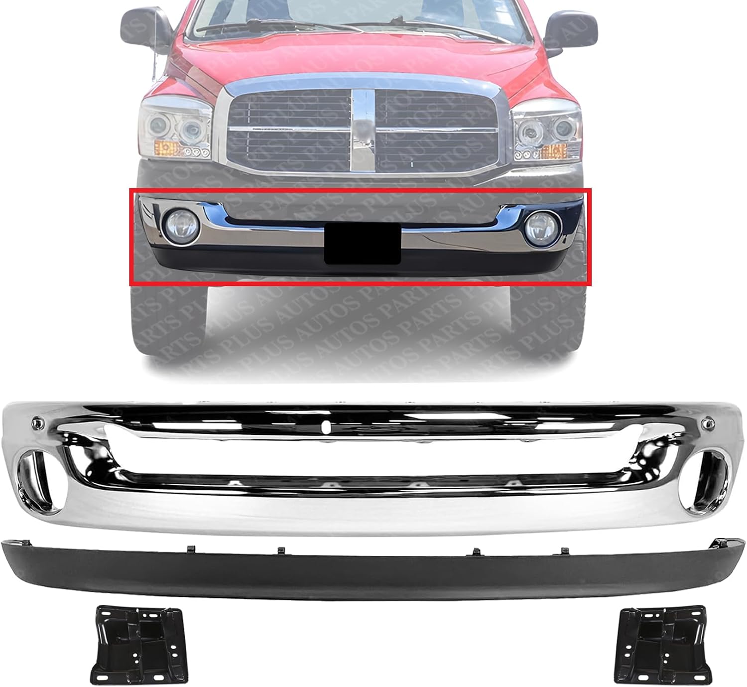 Front Bumper Chrome Steel + Lower Valance Air Deflector Textured + Brackets Left & Right Side Direct Replacement Compatible With 2002-2005 Dodge Ram 1500