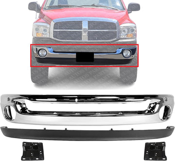 Front Bumper Chrome Steel + Lower Valance Air Deflector Textured + Brackets Left & Right Side Direct Replacement Compatible With 2002-2005 Dodge Ram 1500
