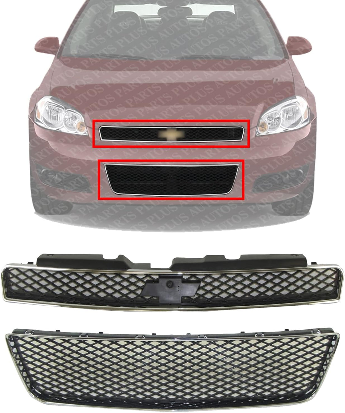 Front Bumper Upper & Lower Grille Assembly Chrome Shell With Insert Plastic Direct Replacement Compatible With 2006-2013 Chevrolet Impala / 2014-2016 Limited GM1200551 GM1036107