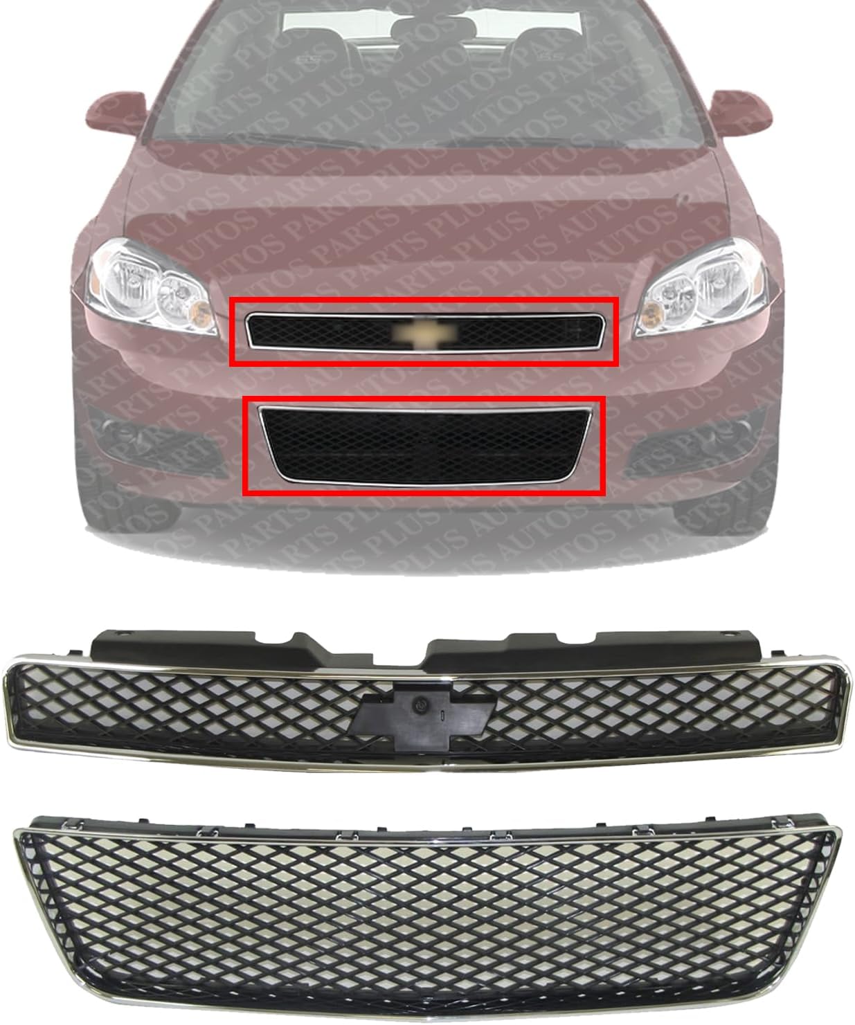 Front Bumper Upper & Lower Grille Assembly Chrome Shell With Insert Plastic Direct Replacement Compatible With 2006-2013 Chevrolet Impala / 2014-2016 Limited GM1200551 GM1036107