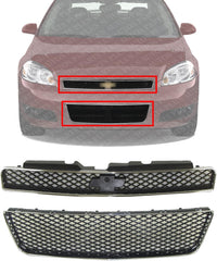 Front Bumper Upper & Lower Grille Assembly Chrome Shell With Insert Plastic Direct Replacement Compatible With 2006-2013 Chevrolet Impala / 2014-2016 Limited GM1200551 GM1036107