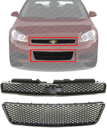 Front Bumper Upper & Lower Grille Assembly Chrome Shell With Insert Plastic Direct Replacement Compatible With 2006-2013 Chevrolet Impala / 2014-2016 Limited GM1200551 GM1036107