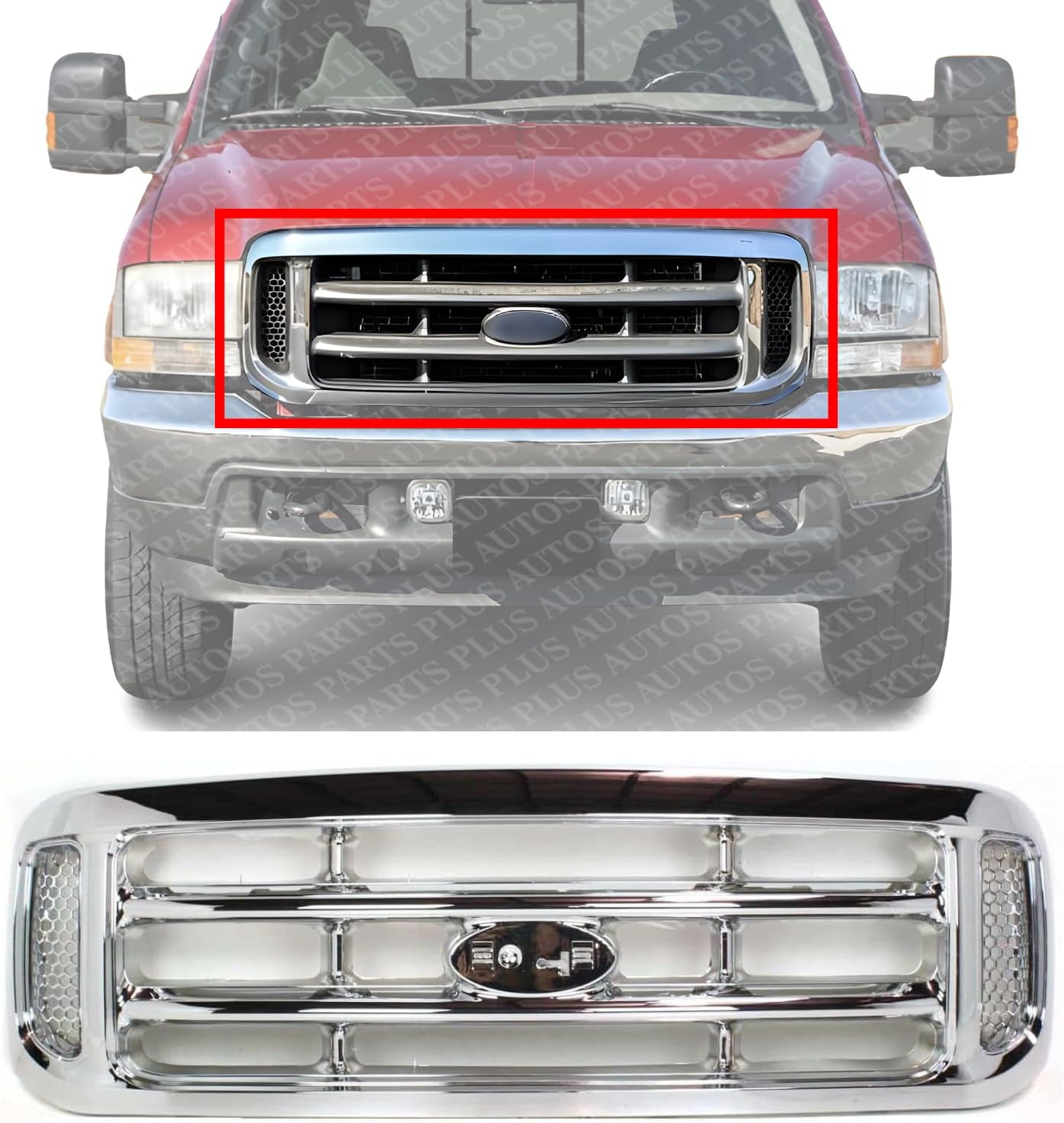 Front Grille Chrome Shell And Insert Plastic Direct Replacement Compatible With 1999-2004 Ford F-Series Super Duty FO1200417 F81Z8200