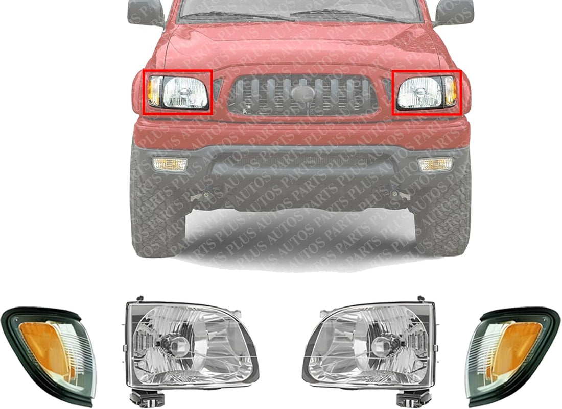 Front Head Lights + Corner Lamps Assembly With Black Trim Right Passenger & Left Driver Side Direct Replacement Compatible With 2001-2004 Toyota Tacoma TO2502136 TO2503136 TO2520163