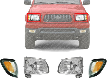 Front Head Lights + Corner Lamps Assembly With Black Trim Right Passenger & Left Driver Side Direct Replacement Compatible With 2001-2004 Toyota Tacoma TO2502136 TO2503136 TO2520163