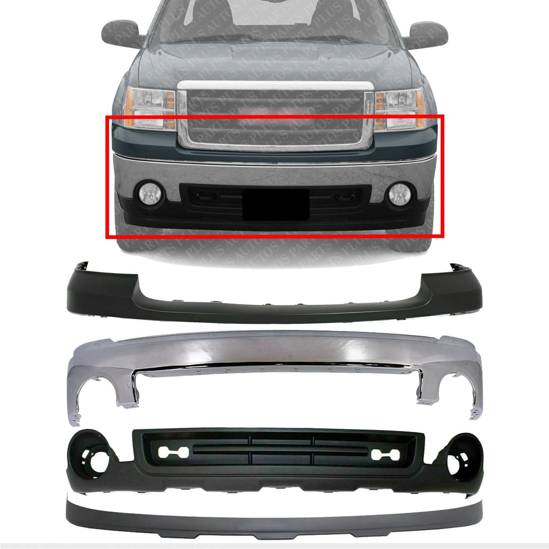 Front Bumper Chrome Steel + Upper Cover Primed + Lower Valance Air Deflector + Extension Textured Direct Replacement Compatible With GMC Sierra 1500 2007-2013 GM1015100
