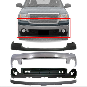 Front Bumper Chrome Steel + Upper Cover Primed + Lower Valance Air Deflector + Extension Textured Direct Replacement Compatible With GMC Sierra 1500 2007-2013 GM1015100