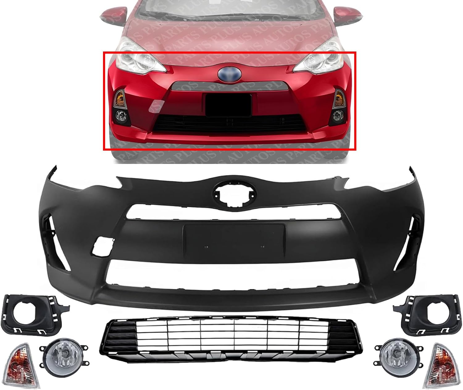 Front Bumper Cover Primed Plastic + Lower Grille + Turn Signal Lamp + Fog Light + Trim Left Driver & Right Passenger Side Direct Replacement Compatible With 2012-2014 Toyota Prius C