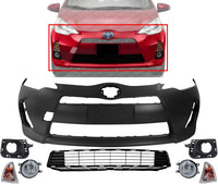 Front Bumper Cover Primed Plastic + Lower Grille + Turn Signal Lamp + Fog Light + Trim Left Driver & Right Passenger Side Direct Replacement Compatible With 2012-2014 Toyota Prius C
