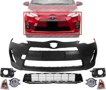 Front Bumper Cover Primed Plastic + Lower Grille + Turn Signal Lamp + Fog Light + Trim Left Driver & Right Passenger Side Direct Replacement Compatible With 2012-2014 Toyota Prius C
