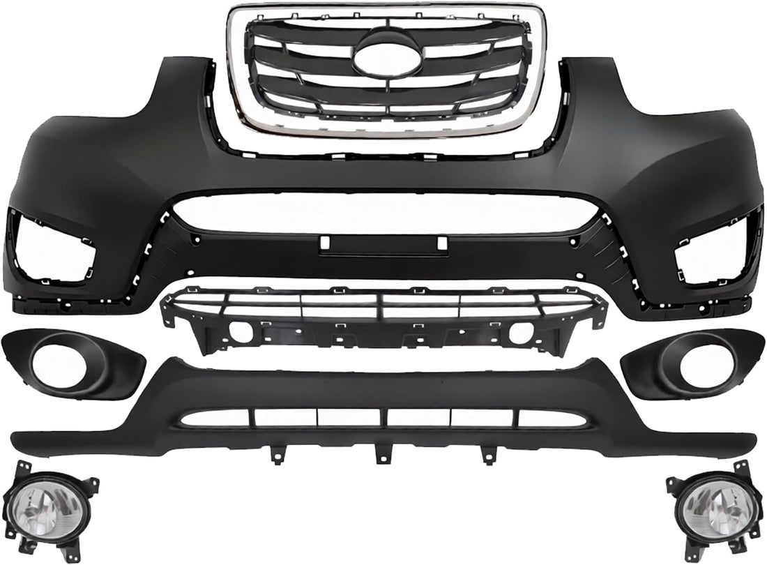 Front Bumper Cover + Valance + Upper & Lower Grille + Molding Chrome + Fog Light + Trim Left & Right Side Direct Replacement Compatible With 2010-2012 Hyundai Santa Fe