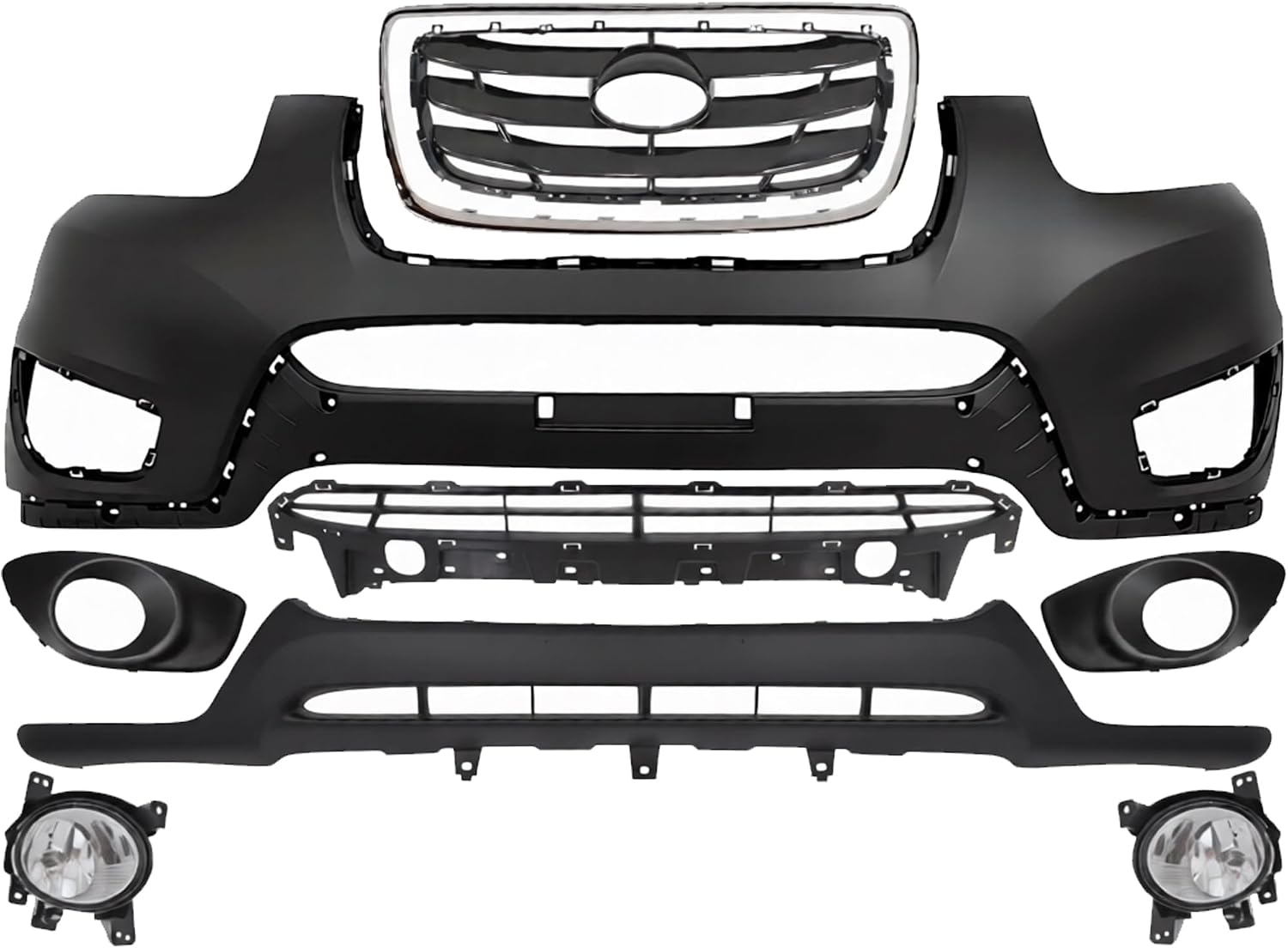Front Bumper Cover + Valance + Upper & Lower Grille + Molding Chrome + Fog Light + Trim Left & Right Side Direct Replacement Compatible With 2010-2012 Hyundai Santa Fe