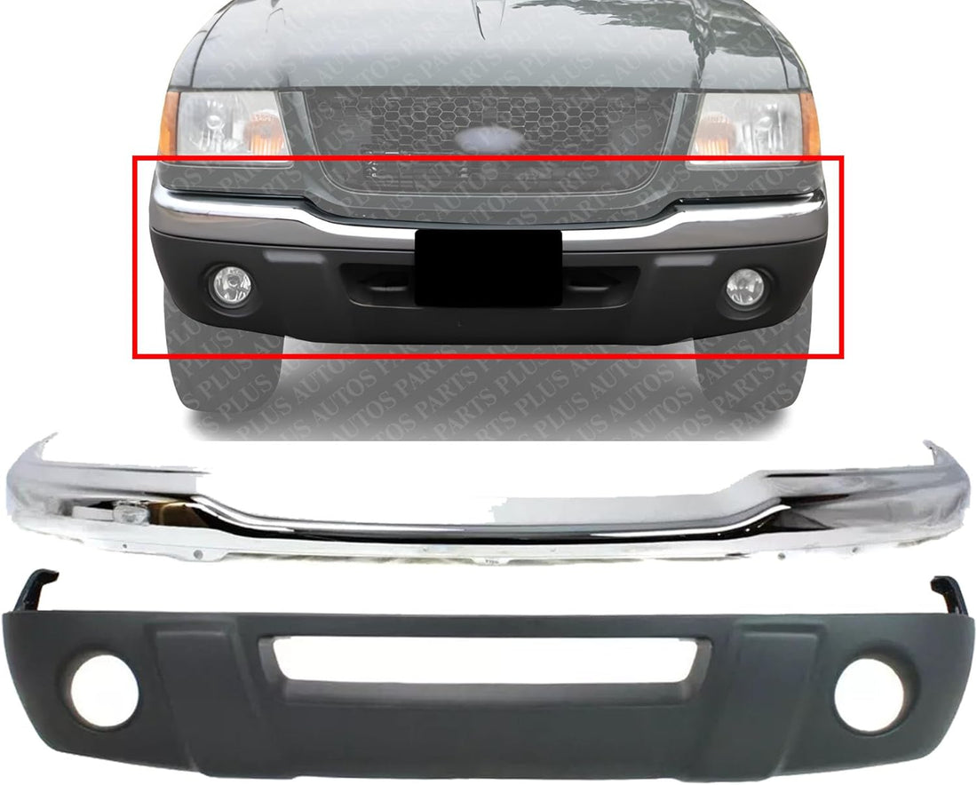 AUTOS PARTS PLUS Front Bumper Chrome Steel + Lower Valance Textured Direct Replacement Compatible With 2001-2003 Ford Ranger FO1002368 FO1095191 1L5Z17757CA 1L5Z17626DAA