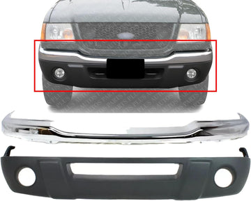 AUTOS PARTS PLUS Front Bumper Chrome Steel + Lower Valance Textured Direct Replacement Compatible With 2001-2003 Ford Ranger FO1002368 FO1095191 1L5Z17757CA 1L5Z17626DAA