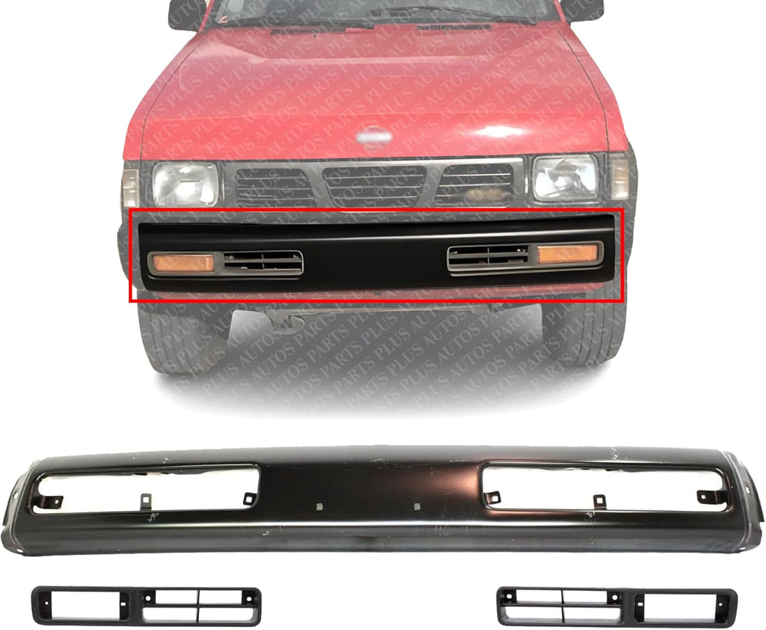 AUTOS PARTS PLUS Front Bumper Steel + Fog Light Molding Primed Left Driver & Right Passenger Side Direct Replacement Compatible With 1993-1995 Nissan Pickup NI1002102 NI1039101 NI1038101 6225655G00