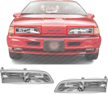 Set Of 2 Front Head Light Assembly Plastic Left Driver & Right Passenger Side Direct Replacement Compatible With 1989-1993 Ford Thunderbird FO2502115 FO2503110 E9SZ13008B E9SZ13008A