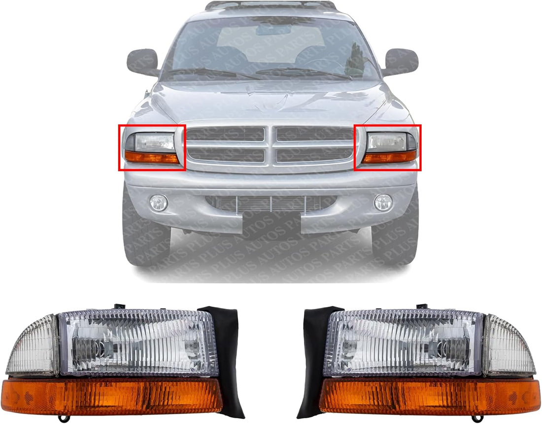 Set Of 2 Front Headlight Assembly Right Passenger & Left Driver Side Direct Replacement Compatible With 1997 Dodge Dakota / 1998 Durango CH2502117 CH2503117 5011407AA 5011406AA