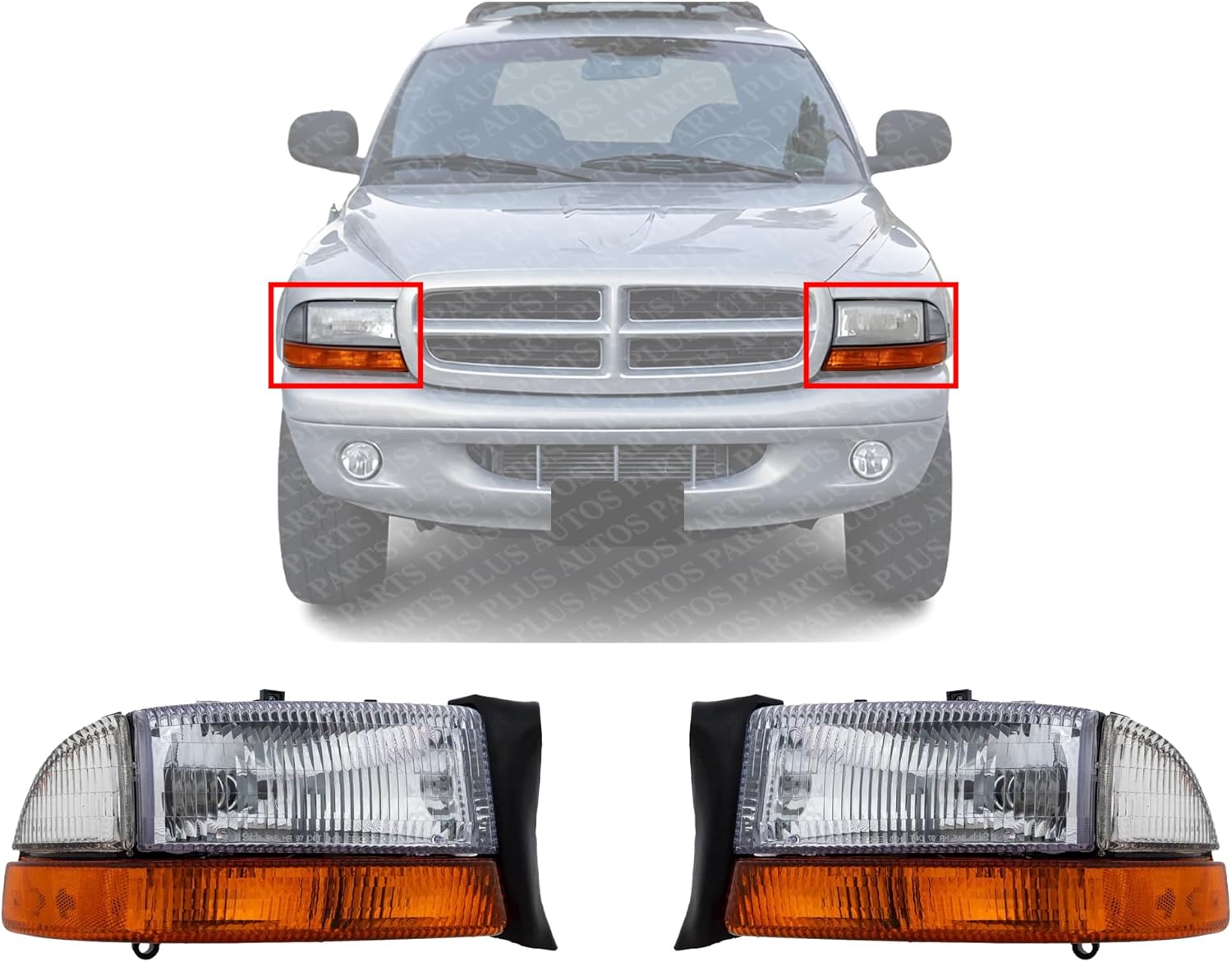Set Of 2 Front Headlight Assembly Right Passenger & Left Driver Side Direct Replacement Compatible With 1997 Dodge Dakota / 1998 Durango CH2502117 CH2503117 5011407AA 5011406AA