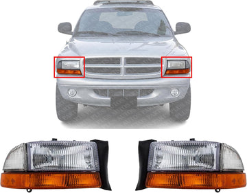 Set Of 2 Front Headlight Assembly Right Passenger & Left Driver Side Direct Replacement Compatible With 1997 Dodge Dakota / 1998 Durango CH2502117 CH2503117 5011407AA 5011406AA