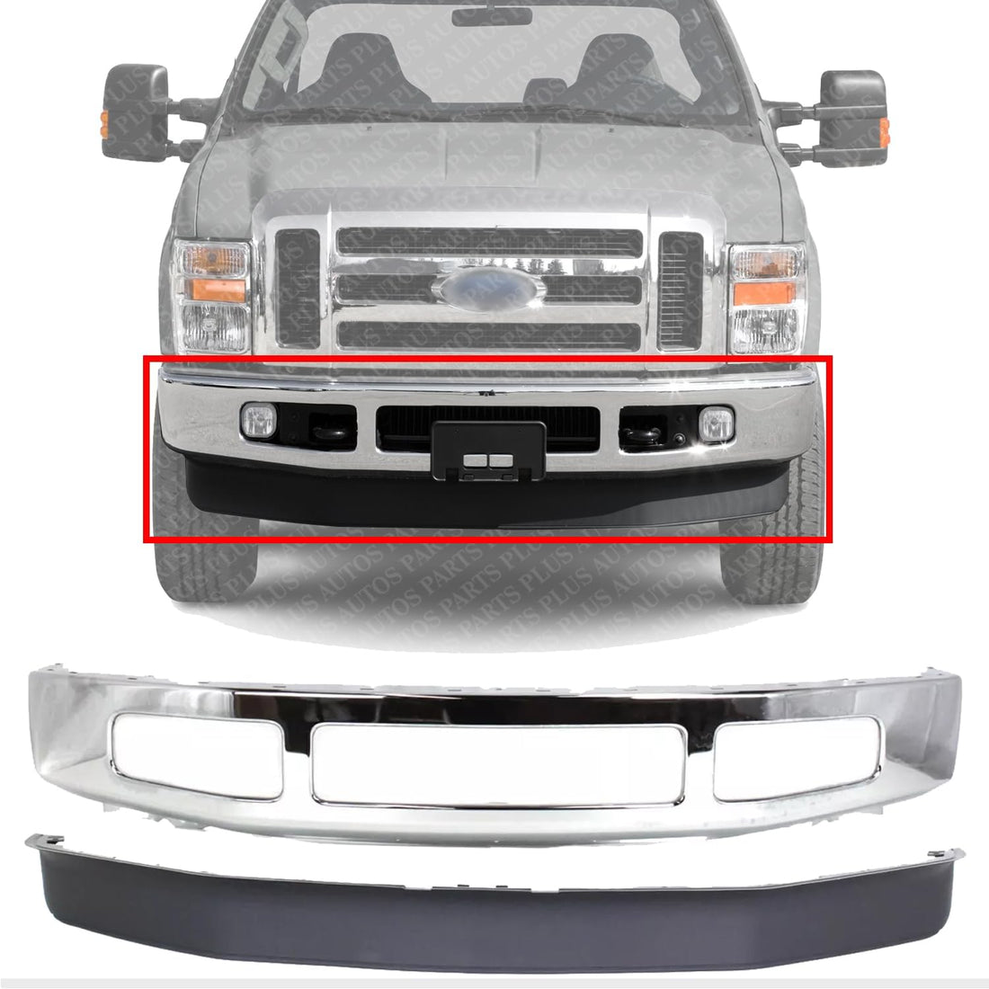 Front Bumper Chrome Steel + Lower Valance Spoiler Textured Direct Replacement Compatible With 2008-2010 Ford F-250 F-350 Super Duty FO1002406 FO1093116 8C3Z17626B 8C3Z17757B