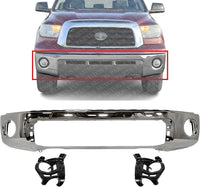 Front Bumper Chrome Steel Without Parking Aid Sensor Holes + Mounting Arm Brackets Left & Right Side Direct Replacement Compatible With 2007-2013 Toyota Tundra TO1002182 TO1067166