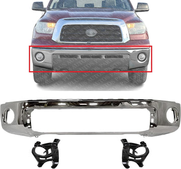 Front Bumper Chrome Steel Without Parking Aid Sensor Holes + Mounting Arm Brackets Left & Right Side Direct Replacement Compatible With 2007-2013 Toyota Tundra TO1002182 TO1067166
