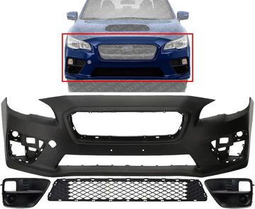 Front Bumper Cover Primed Plastic + Lower Center Grille + Fog Lights Cover Left Driver & Right Passenger Side Direct Replacement Compatible With 2015-2017 Subaru WRX