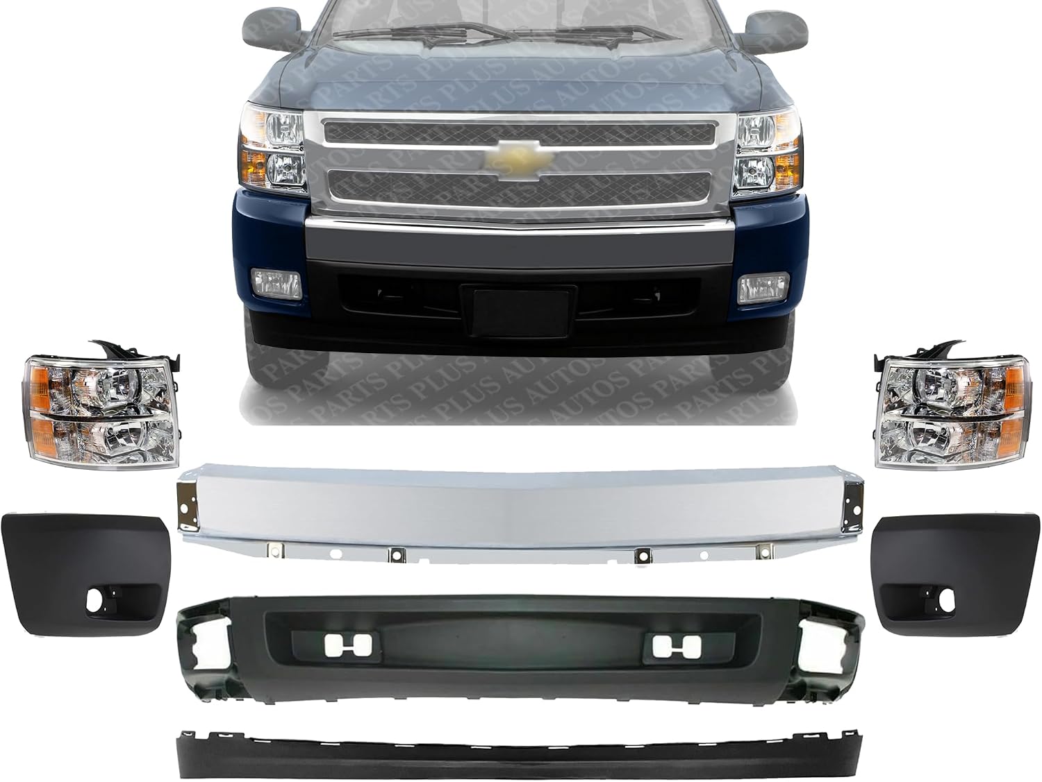 Front Bumper Impact Bar Steel + Lower Valance Air Deflector + Extension + End Caps + Headlights Left & Right Side Direct Replacement Compatible With 2007-2013 Chevrolet Silverado 1500