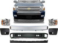 Front Bumper Impact Bar Steel + Lower Valance Air Deflector + Extension + End Caps + Headlights Left & Right Side Direct Replacement Compatible With 2007-2013 Chevrolet Silverado 1500