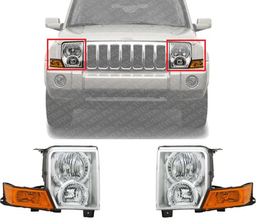 Set Of 2 Front Headlight Assembly Halogen Right Passenger & Left Driver Side Direct Replacement Compatible With 2006-2010 Jeep Commander CH2519117 CH2518117 55396536AI 55396537AI