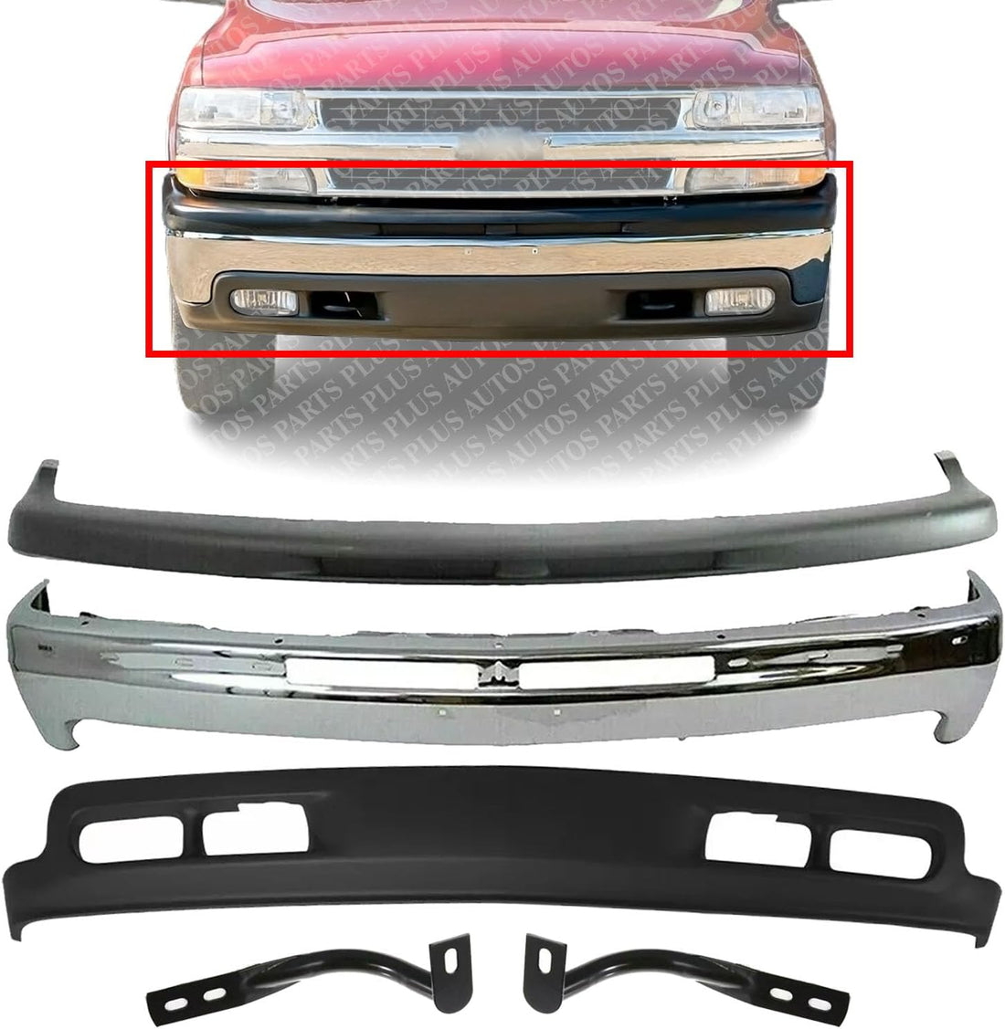Front Bumper Chrome Steel + Upper Cover + Lower Valance + Brackets Left & Right Side Direct Replacement Compatible With 1999-2002 Chevrolet Silverado 1500/2000-2004 Tahoe Suburban