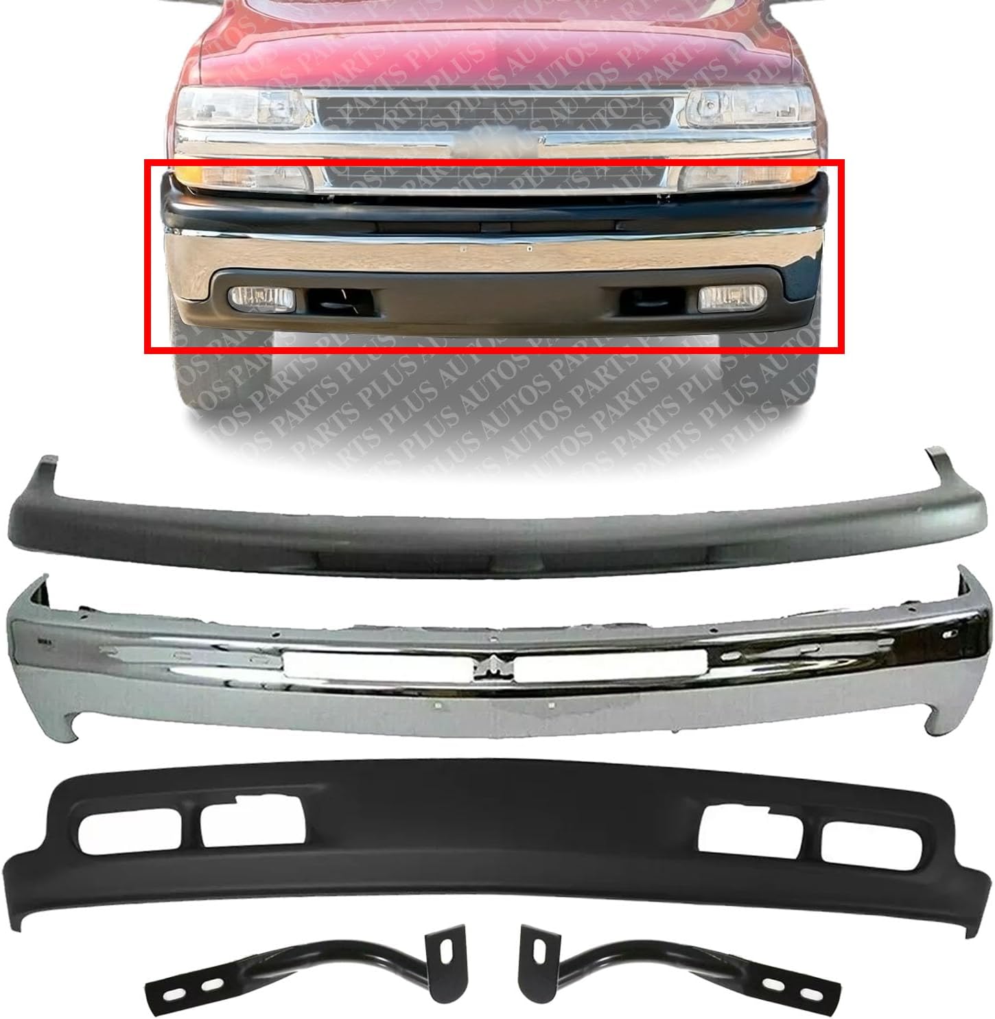 Front Bumper Chrome Steel + Upper Cover + Lower Valance + Brackets Left & Right Side Direct Replacement Compatible With 1999-2002 Chevrolet Silverado 1500/2000-2004 Tahoe Suburban