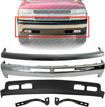 Front Bumper Chrome Steel + Upper Cover + Lower Valance + Brackets Left & Right Side Direct Replacement Compatible With 1999-2002 Chevrolet Silverado 1500/2000-2004 Tahoe Suburban