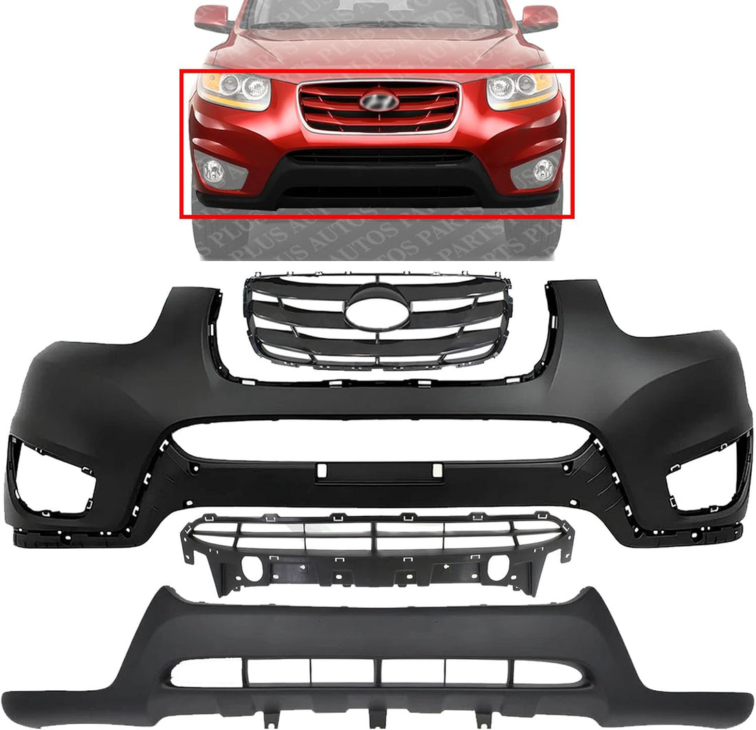 Front Bumper Cover Primed Plastic + Valance + Upper & Lower Grille Direct Replacement Compatible with 2010-2012 Hyundai Santa Fe