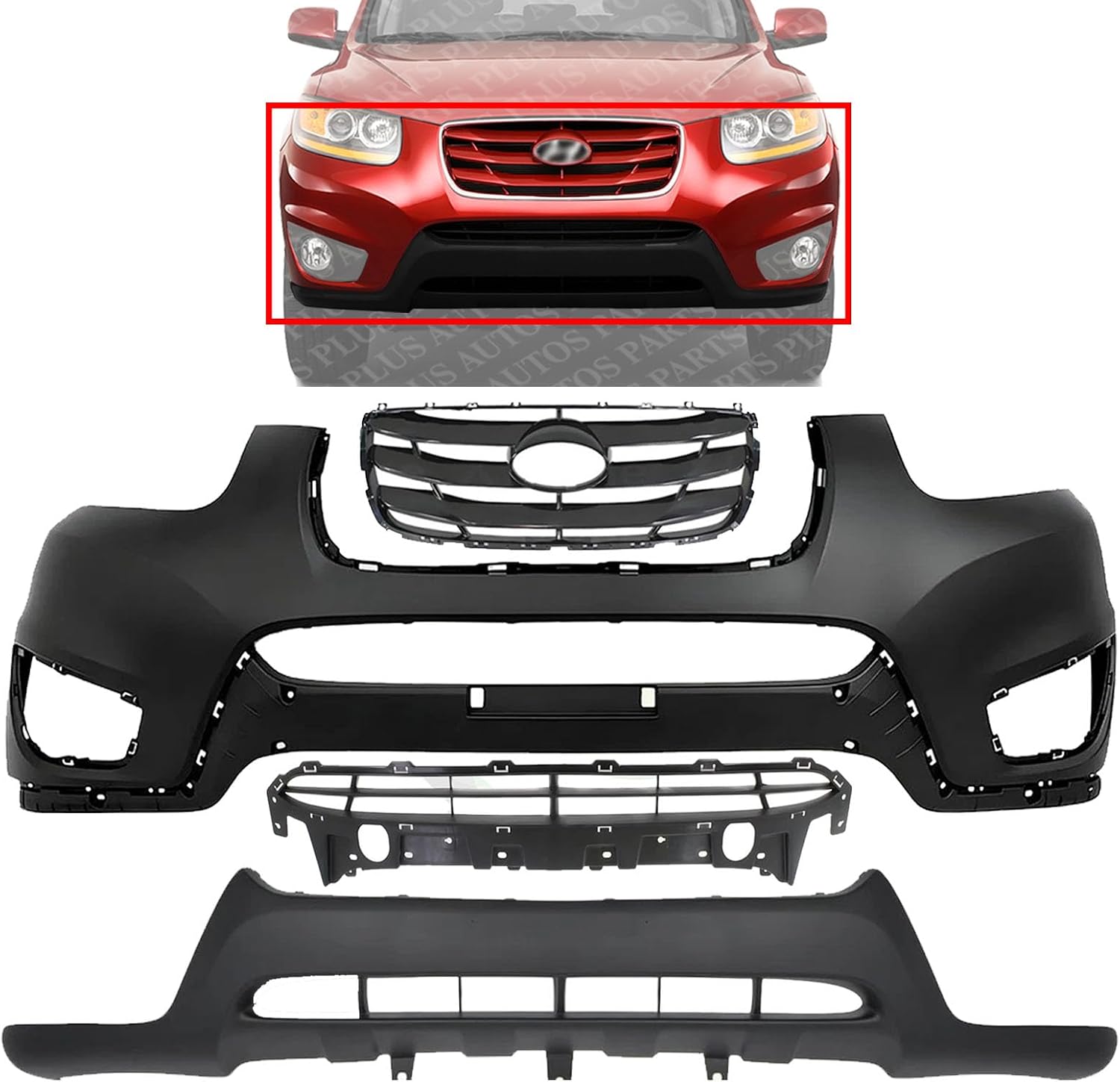 Front Bumper Cover Primed Plastic + Valance + Upper & Lower Grille Direct Replacement Compatible with 2010-2012 Hyundai Santa Fe