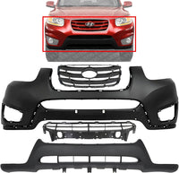 Front Bumper Cover Primed Plastic + Valance + Upper & Lower Grille Direct Replacement Compatible with 2010-2012 Hyundai Santa Fe