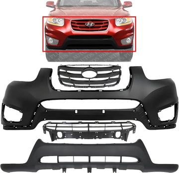 Front Bumper Cover Primed Plastic + Valance + Upper & Lower Grille Direct Replacement Compatible with 2010-2012 Hyundai Santa Fe