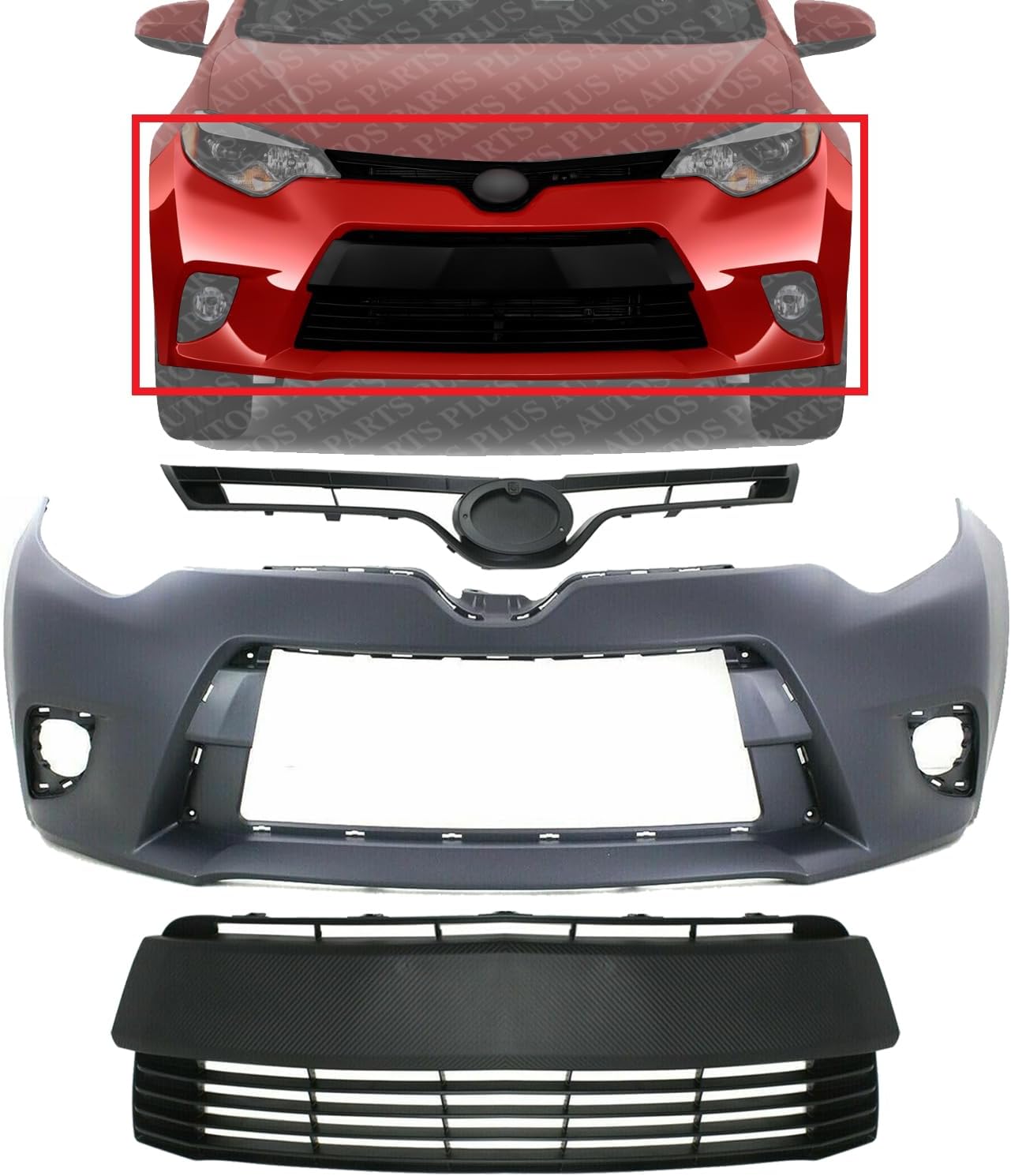 Front Bumper Cover Primed + Upper + Lower Grille Shell & Insert Textured Direct Replacement Compatible With 2014-2016 Toyota Corolla TO1036145 TO1200366 TO1000399 5311202450
