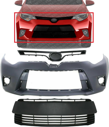 Front Bumper Cover Primed + Upper + Lower Grille Shell & Insert Textured Direct Replacement Compatible With 2014-2016 Toyota Corolla TO1036145 TO1200366 TO1000399 5311202450
