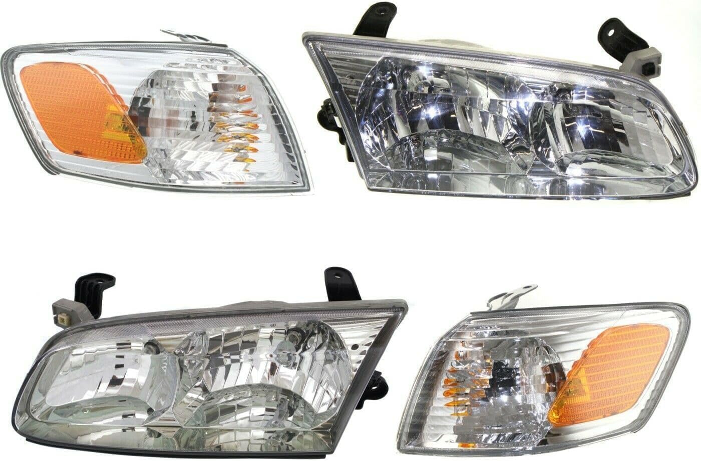 Front Head Lights Assembly + Corner Lamps Plastic Left Driver & Right Passenger Side Direct Replacement Compatible With 2000-2001 Toyota Camry TO2502130 TO2503130 TO2531136 TO2530136