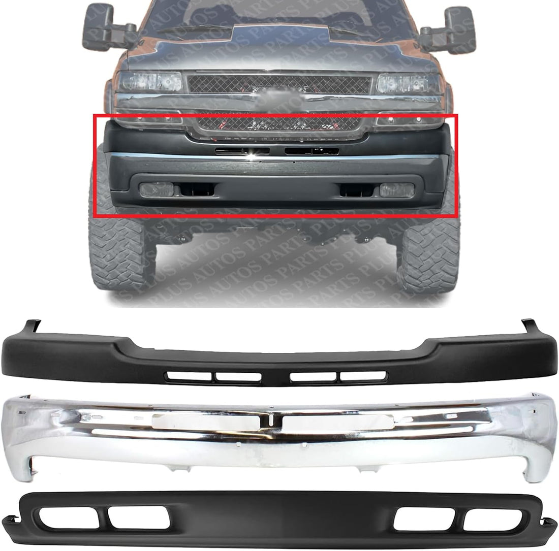 Front Bumper Chrome Steel + Upper Cover Textured + Lower Valance Air Deflector Direct Replacement Compatible With 2001-2002 Chevrolet Silverado 2500HD 3500 GM1002376 GM1051106