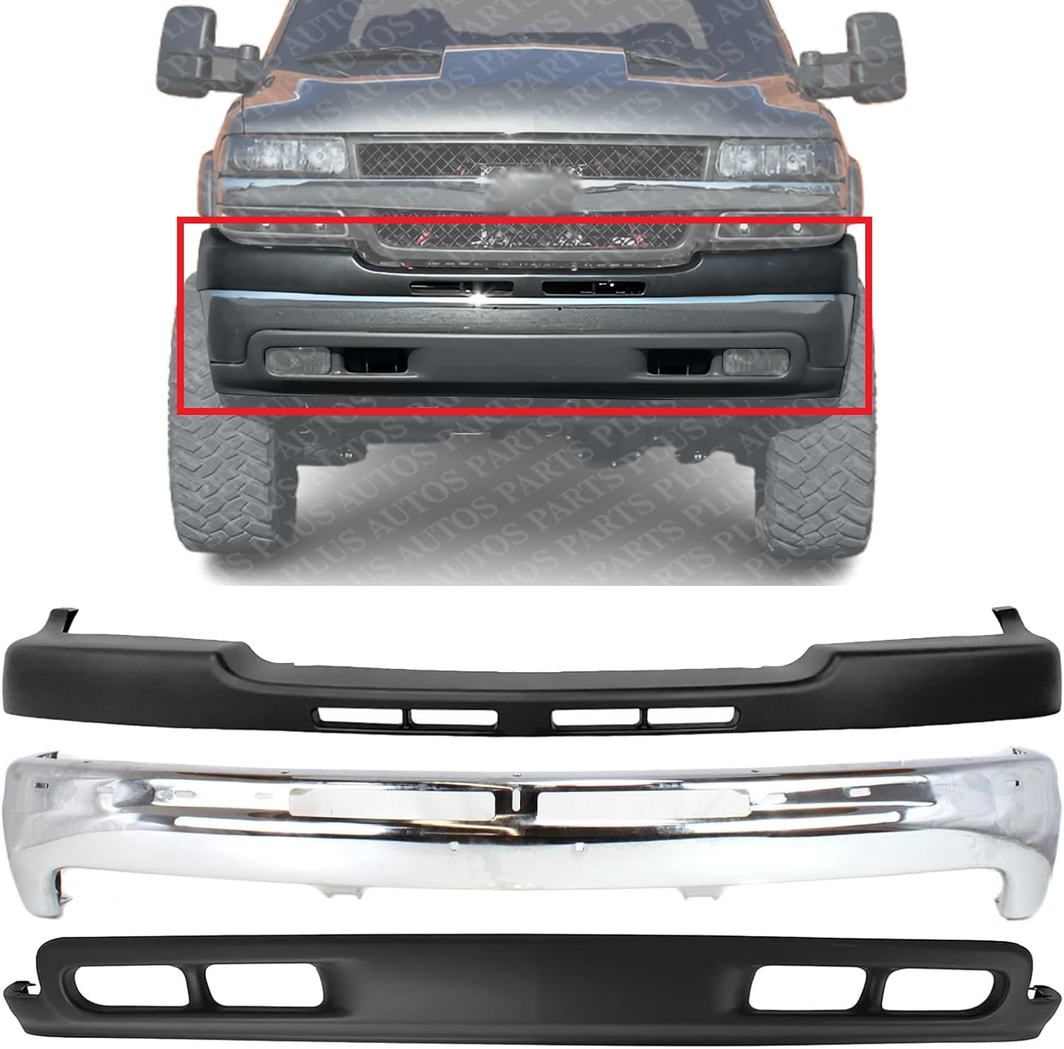 Front Bumper Chrome Steel + Upper Cover Textured + Lower Valance Air Deflector Direct Replacement Compatible With 2001-2002 Chevrolet Silverado 2500HD 3500 GM1002376 GM1051106