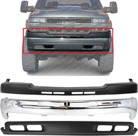 Front Bumper Chrome Steel + Upper Cover Textured + Lower Valance Air Deflector Direct Replacement Compatible With 2001-2002 Chevrolet Silverado 2500HD 3500 GM1002376 GM1051106