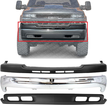 Front Bumper Chrome Steel + Upper Cover Textured + Lower Valance Air Deflector Direct Replacement Compatible With 2001-2002 Chevrolet Silverado 2500HD 3500 GM1002376 GM1051106